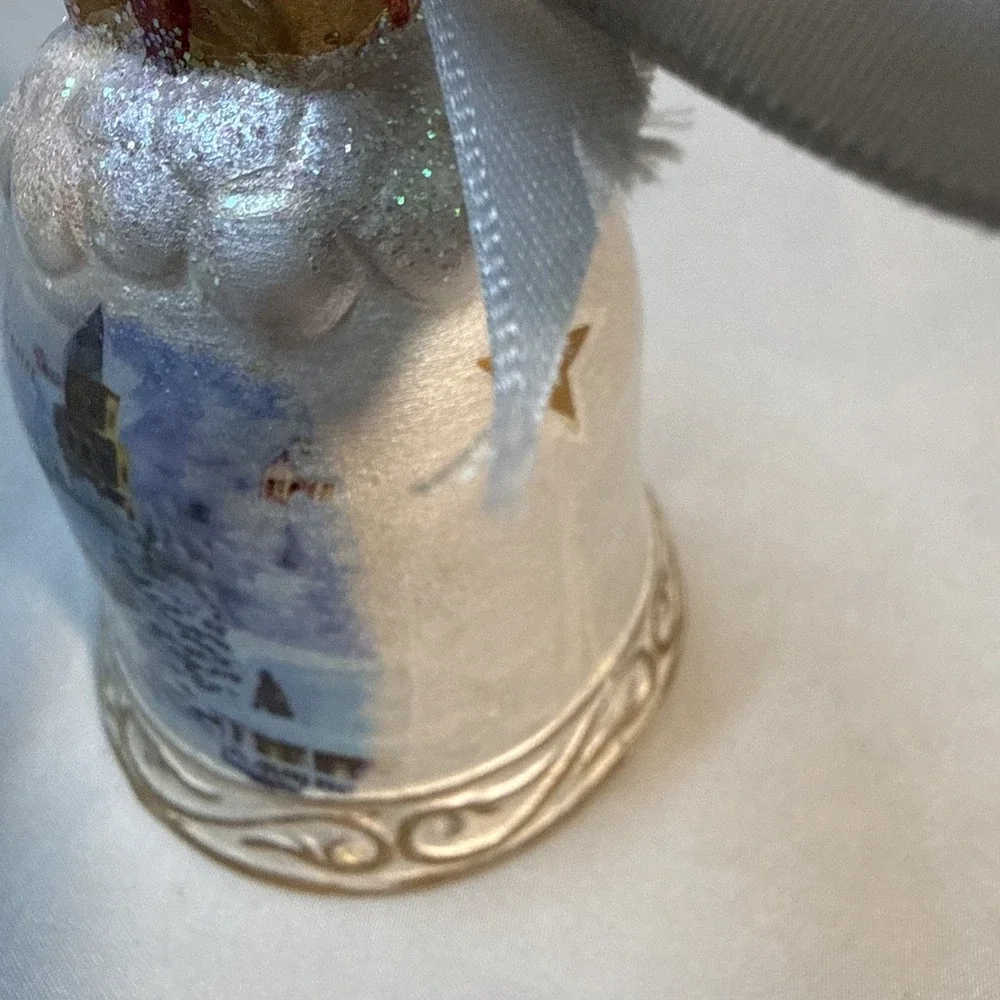 Vintage Porcelain Christmas Bell Ornament Winter Village Scene Gift Bow Top